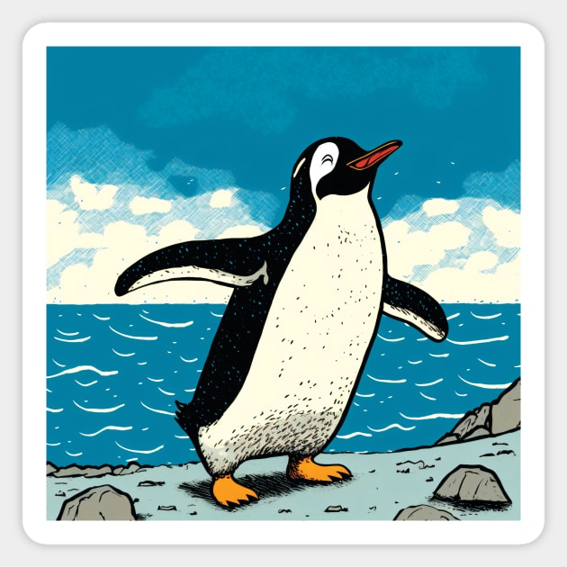 Happy Penguin jumping out of the ocean and shaking water from its feathers Sticker by Geminiartstudio